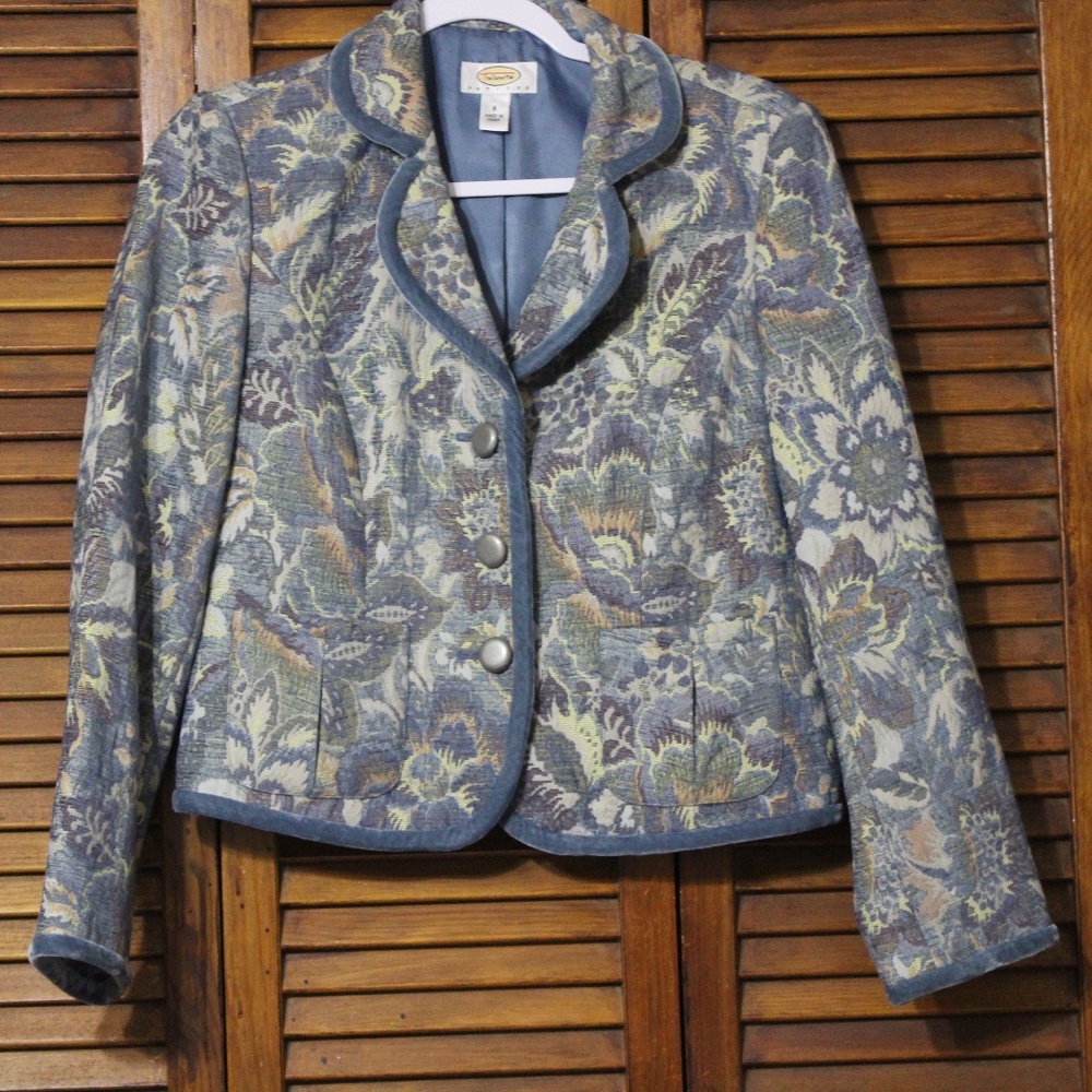 Talbots Blue Tapestry Velvet Trim Blazer